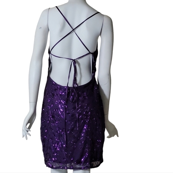 Holiday Party Dress Keep Glowing Purple Sequin Lace Up Bodycon Mini XL - Picture 8 of 13